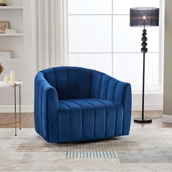 360° Swivel Barrel Chair with Curved Backrest 40 W Velvet Armchair with 3 Soft Pillows Accent Lounge Chair with Channel Tufted Design for Living Room Bedroom Studio Navy