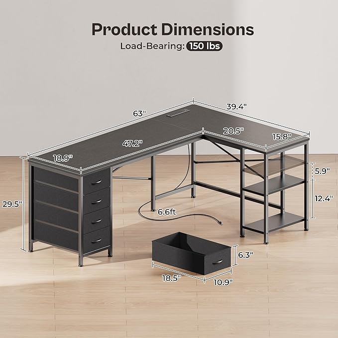 Huuger 63 Inch L Shaped Desk with Fabric Drawers Reversible Computer Gaming Desk with Power Outlets and USB-C Port Adjustable Side Storage Shelves for Work Study Corner Home Office Black