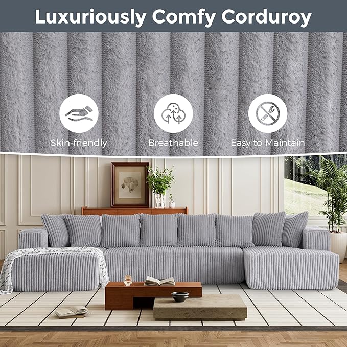 Minimalist Oversized Modular Sofa Couch Deep Seat Sectional Sofa with Two Chaise Comfy Corduroy Shape Cloud Couch for Living Room Apartment - Light Gray