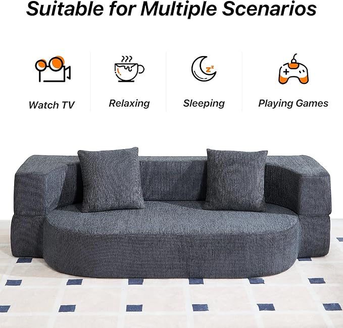 Folding Sofa Bed Convertible Futon Sleeper Bed 2-in-1 Foldable Floor Mattress with 2 Pillows Breathable High-Density Foam Lazy Couch Twin Size Comfy Lounge Chair Dark Gray