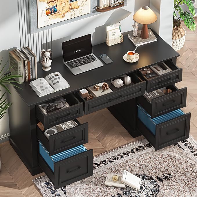 Vabches Farmhouse 59'' Executive Desk with File DrawersLarge Wood Home Office Workstation with Ample StorageRustic Writing Desk for Study.Black