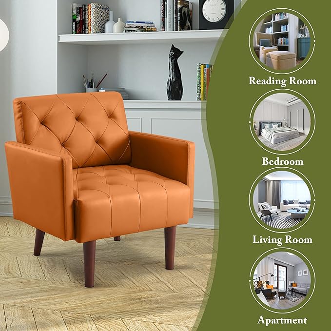 Faux Leather Accent Chair Modern PU Armchair Retro Tufted Upholstered Arm Chair Comfy Leather Club Chair Single Sofa for Living Room Bedroom Reading Room Apartment (Orange)