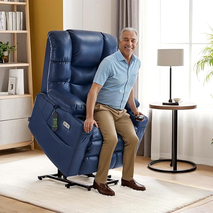 MCombo Triple Motor Power Lift Recliner Chair with Massage and Dual Heating Adjustable Headrest for Elderly People Faux Leather 7632 (Blue Medium)