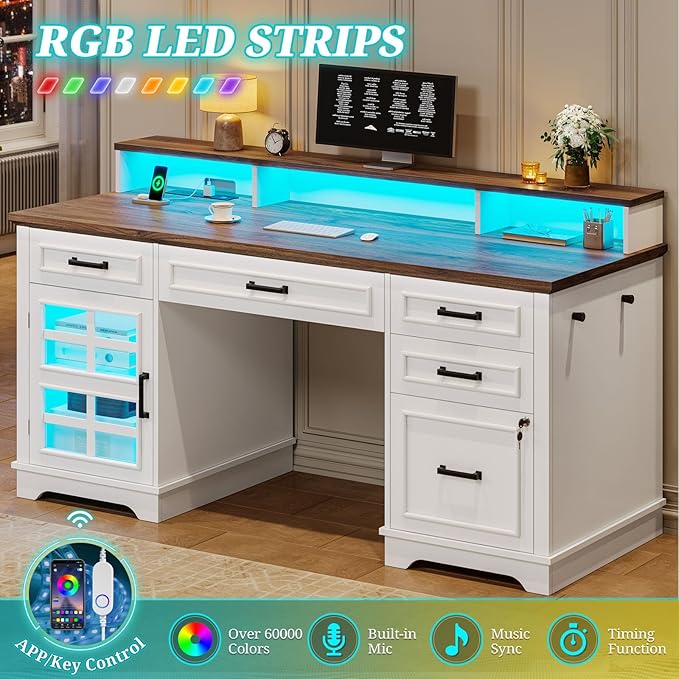 60'' Farmhouse Executive Desk with Drawers Home Office Desk with Power Outlet &amp LED Light Wood Computer Desk with Monitor Stand Locking File Drawer Glass Storage Cabinet Hooks White