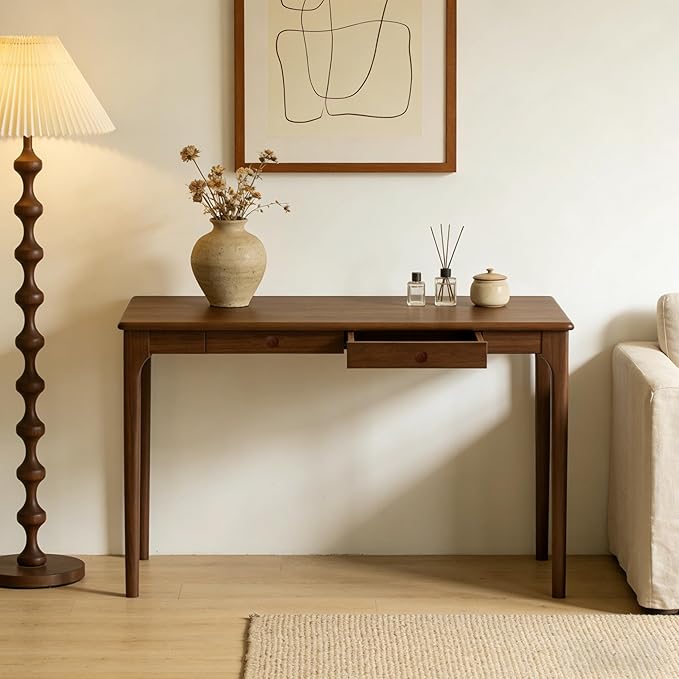 Natural Solid Wood Desk with Drawers Mid Century Modern Real Wood Writing Desk Home Computer Office Desks for Work Standing Desk for Bedroom Small Spaces (Walnut Color 47.24×22.05(120×56cm))
