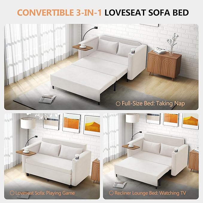 3-in-1 Convertible Sleeper Sofa Couch with Pullout Bed Loveseat Sleeper Sofa Bed with Hidden Side Table 56 Full Size Folding Futon Couch for Living Room Guest Room Apartment Home Office (Beige)