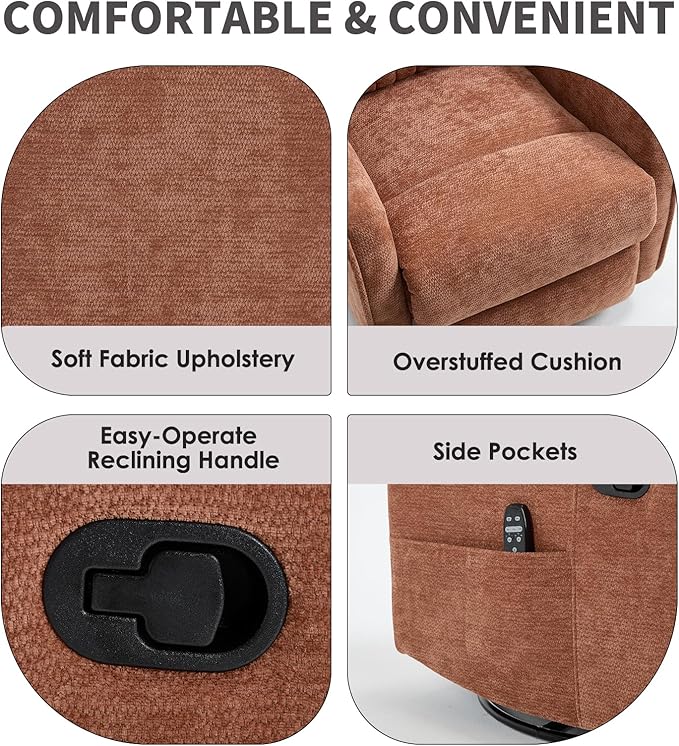 Swivel Rocker Recliner Chair 360° Swivel Recliner with Heat and Massage Rocker Recliner Nursery Glider Chair with Side Pockets for Living Room (Orange Fabric)
