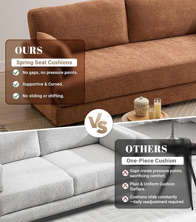 Kingfun 83 Chenille Sofa Modern Couch with Thickened Cushions Mid Century Couches with Solid Wood Frame Comfy Deeper Seats T-Cushion for Living Room and Bedroom Brown