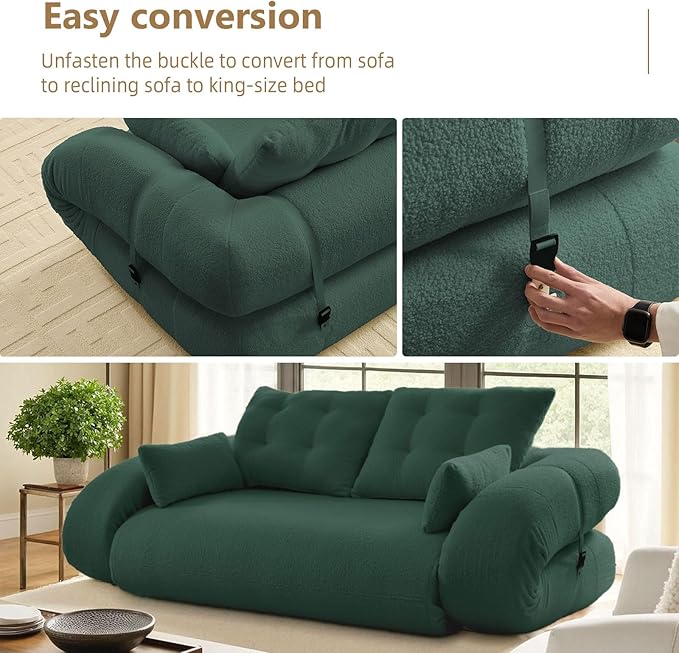 Folding Sofa Bed3-in-1DIY Convertible Sleeper SofaTeddy Velvet Couch with ArmrestFoldable Mattress with Back SupportFoldable Lazy Sofabed 78.7 Human Dog Bed for Living Room BedroomGreen