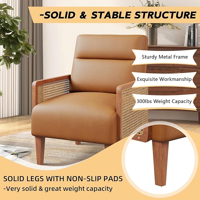 HAOBO Home Mid Century Modern Accent Chair Upholstered Living Room Chairs Armchair with Rattan Armrest Comfy Reading Chair with Wood Frame Lounge Side Chair