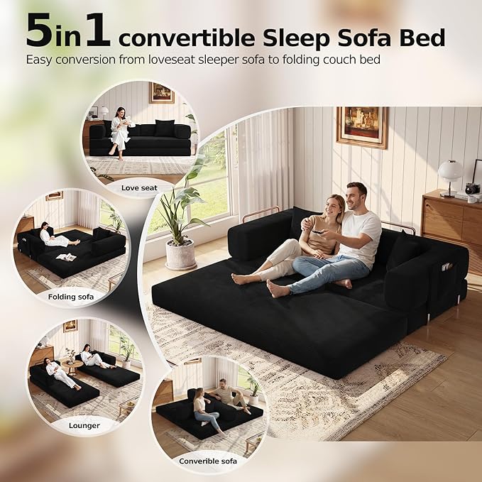 MoonSpeak 78.8''Sleeper Couch Bed for LivingroomConvertible Modular Sofa with Armrest PillowModular Foldable Corduroy Couches in a BoxNo Assembly (Black)