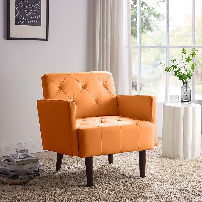 Faux Leather Accent Chair Modern Retro Arm Chair for Living Room and Bedroom Tufted Upholstered Sofa Club Chair Comfy Armchair for Small Spaces Bedroom Office (Orange)