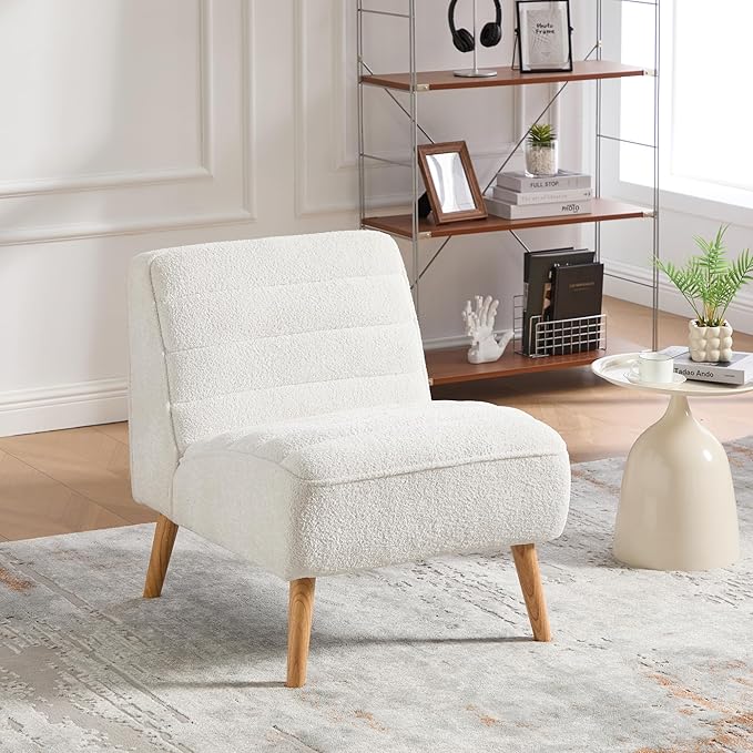 GDFStudio 24.4 Wide Modern Accent Chair Armless Upholstered Lounge Chair with Chenille Fabric &amp Rubber Wood Legs Compact Space-Saving Design for Living Room Bedroom Office - Ivory