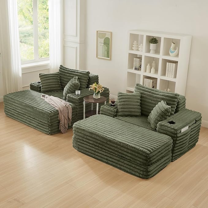 5-In-1 Oversized Chaise Lounge Chair Indoor with Ottoman54.5W Faux Fur Convertible Folding Sleeper Sofa Bed with Cup Holder&ampSide PocketComfy Boneless Couch Sofa Chair for Living RoomBedroom(Gr