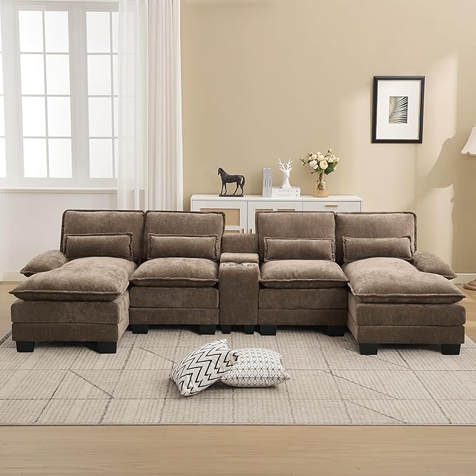 125'' U Shaped Cloud Modular Sofa with Chaise Lounges Chenille Upholstered Comfy Sectional Couch with Storage Console USB Charging Ports &amp Cup Holders Small Deep Seat Sofa for Living Room Brow