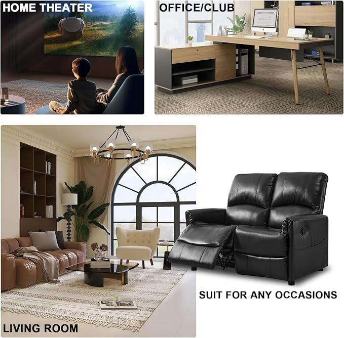 48 Manual Recliner Chair Set PU Leather Upholstered Reclining Sofa Chair with Cup Holders Side Pockets for Living Room Furniture Rest Reading Watching TV (Black Loveseat)