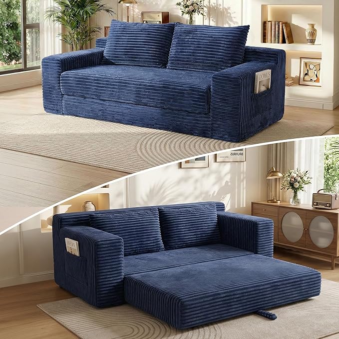 73 Convertible Sofa Bed 2 in 1 Folding Couch Bed Boneless Couch in a Box Cloud Loveseat Sleeper Fold Out Comfy Floor Futon Sofa with 2 Pillows for Living Room Bedroom No Assembly (Blue 73)