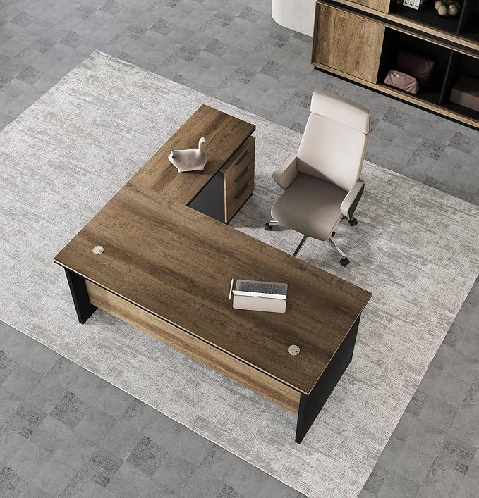63 Inch L-Shaped Executive Desk Set of 2 Industrial Modern Wood Office Desk with 3 Drawers Built-in Cable Management &amp Power Outlet Real Wood Finish Reversible Left/Right Return Home Workstati