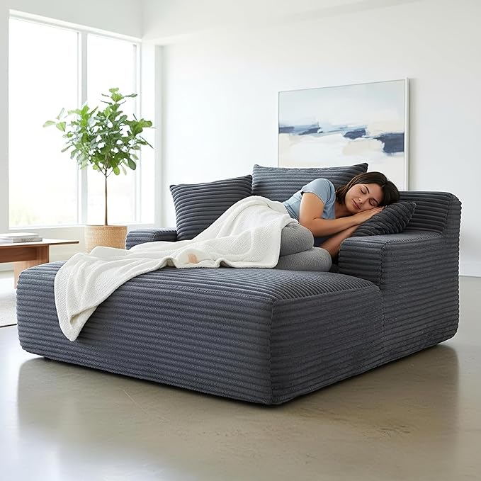 Container Furniture Chamden Oversized Chaise Lounge Chair Modern Corduroy Sofa Bed with Full Foam Cushioning Cozy Convertible Sleeper for Living Room or Bedroom Grey