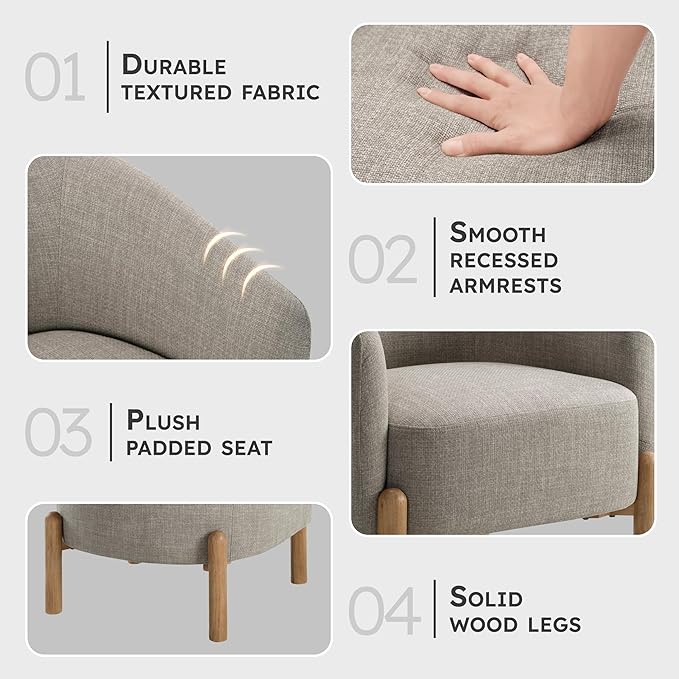 Lexicon Modern Accent Chair Textured Fabric Barrel Seat with Solid Wood Legs Upholstered Single Sofa Chairs for Living Room/Bedroom/Office/Apartment Taupe