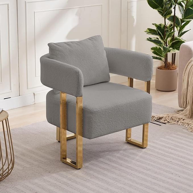 YITAI Modern Accent Chairs no Wheels Living Room Side Chairs Set of 2 with Golden Metal Legs Barrel Soft Teddyt Upholstered Reading Armchairs for OfficeReception RoomBedroomLoungeGrey