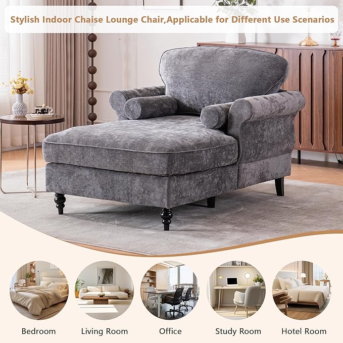 Setawix Chenille Upholstered Chaise Lounger Sleeper Sofa ChairOversized Chaise Lounge Chair Indoor with Rolled ArmsMid Century Modern Lounger Couch for Living Room Bedroom (Dark Grey 43.3 W)