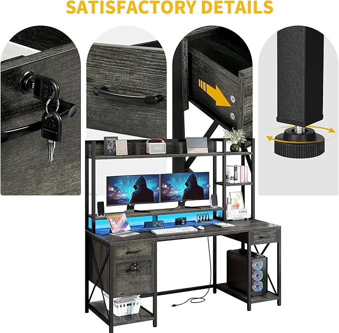 DWVO Computer Desk with Drawers &amp Hutch 59.1 Office Desk with Power Outlets &amp LED Lights Home Office Desk with Storage Shelves Grey