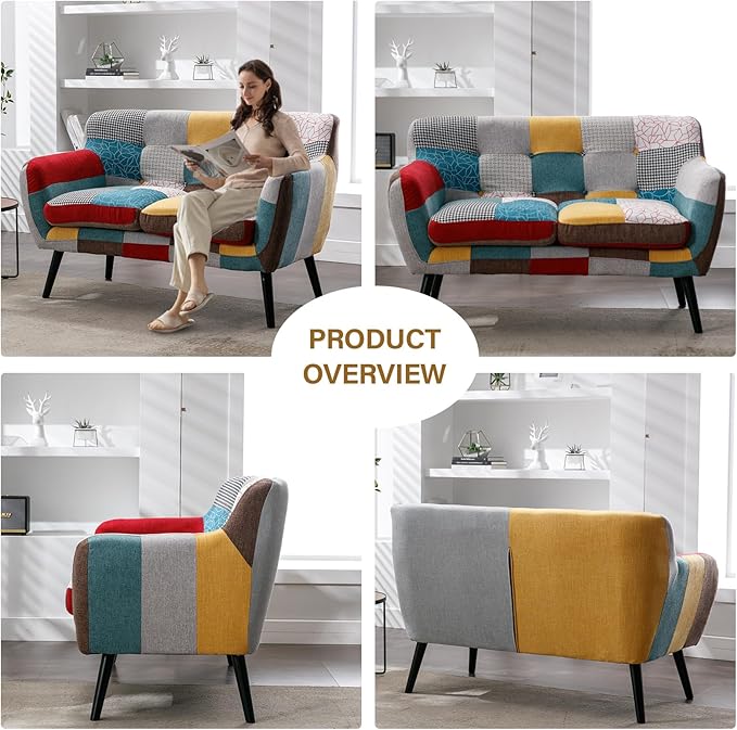 Bonzy Home Modern Boho Loveseat Couch Sofa Chair for Living Room Bedroom Upholstered Colorful Plaid Fabric 2-Seat Love Seat Sofa with Wood Leg for Small Space One Loveseat