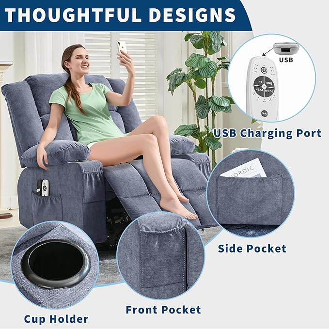 Large Power Lift Recliner Chair for Elderly with Massage and Heat 3-Position Adjustable USB Ports 2 Side Pockets 2 Cup Holders for Living Room Bedroom Blue