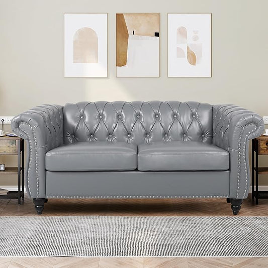 Leather Loveseat Chesterfield Love Seat Sofa for Living Room Mid-Century Modern Tufted Couple Couch 2 Seater with Rolled Arms Deep Button Tufting Nailhead Trim for Bedroom Home Theater (PU Grey)