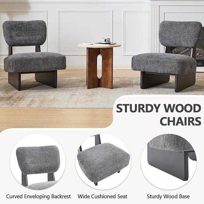 Beige Accent Chair Set of 2 for Small Spaces Armless Accent Chair for Bedroom Side Chairs &amp Comfy Chairs for Living Room Wood Base Comfy Cushion Bedroom Office (Black+Charcoal)