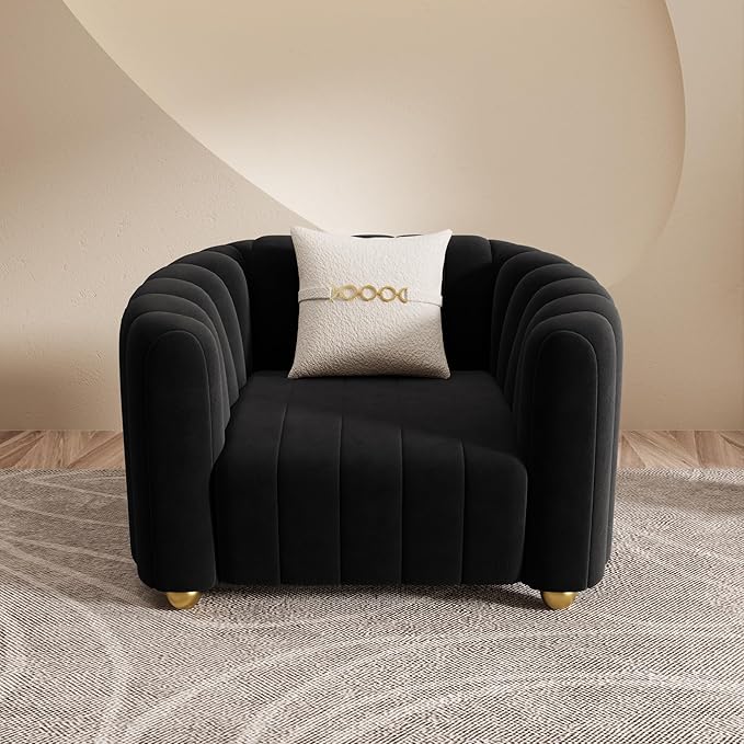 Modern Black Velvet Sofa Chair for Living Room 42 Single Sofa with Gold Metal Sphere Legs (Black 1S)