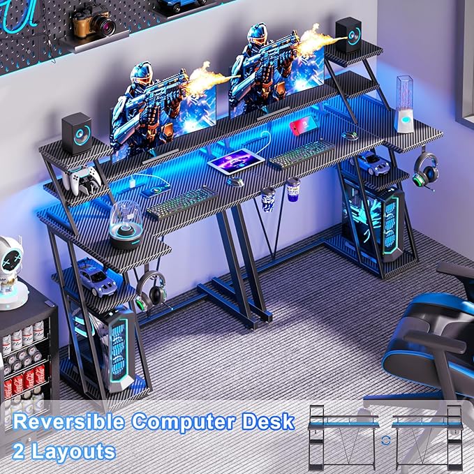 39 Inch Gaming Desk with LED Lights &amp Power Outlet Small Gaming Computer Desk with Storage Shelves L Shaped Gamer Workstations with Monitor Stand for Bedroom Carbon Fiber Black