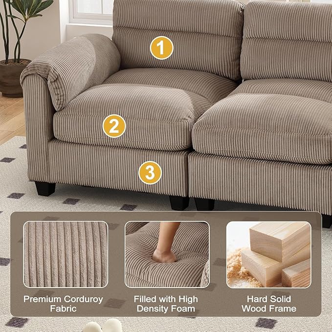 Corduroy Sofa Set Upholstered Ottoman Loveseat Set of 2with Plush Cushions and Rolled Arms Modern Living Room Furniture SetsBrown