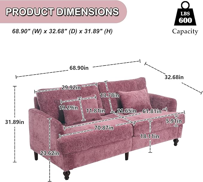 68'' Sofas Couch for Living Room Mid Century Modern Sofa with Deep Seats Chenille Loveseat Cloud Couch Comfy Small Couches for Small Spaces Apartment Bedroom Wine Red