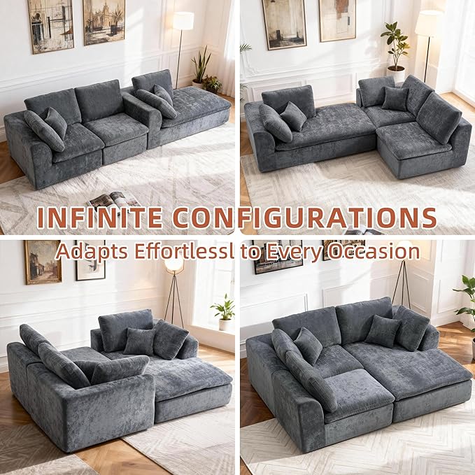 Boneless Sectional with Chaise 110 L-Shaped Cloud Couch for Living Room Deep Seat Chenille Floor Sofa Frameless Modular Lounge Set (Dark Gray Right Facing Chaise)