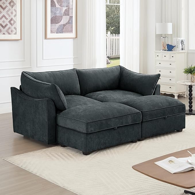 Modular Sectional Sofa with Pull Out Storage Drawers 78.7 Comfy Chenille 2-Seat Sofa with 2 Storage Ottomans Upholstered Deep Loveseat Couch with 2 Armrest Pillows for Living Room Grey
