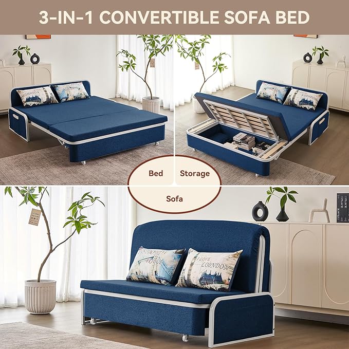 60 Full Size Loveseat Couch Bed 3 in 1 Convertible Pull Out Sleeper Sofa Bed with Storage Trundle and 2 Pillows for Living Room Bedroom Dorm Office RV (Midnight Navy-909)