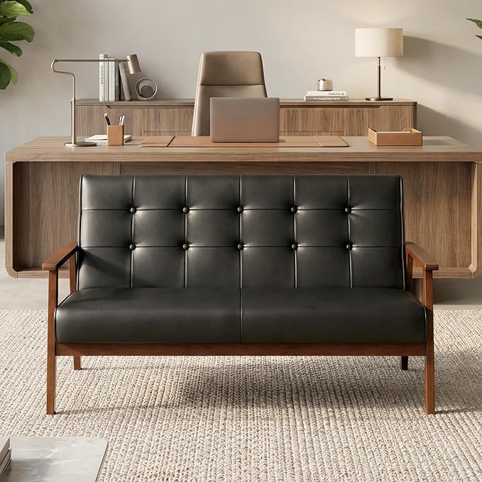 JIASTING Mid-Century Modern Solid Loveseat Sofa Upholstered Faux Leather Couch 2-Seat Wood Armchair Living Room/Outdoor Lounge Chair Waiting Room Sofa 50”W