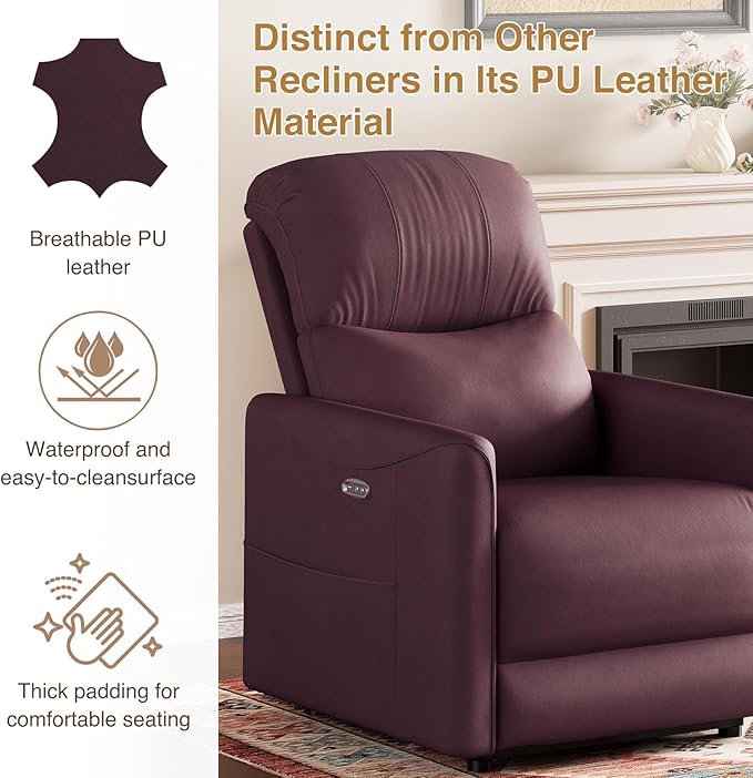 Power Recliner Chair Reclining Chair PU Leather Small Recliners for Small Spaces Infinite Position Electric Recliner Chairs for Adults Electric Recliners with USB Port Purple