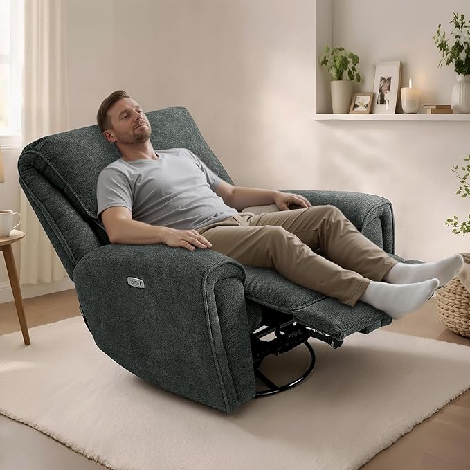 MCombo Power Swivel Rocker Recliner Chair Oversized Power Recliner Chair for Big and Tall People 400lbs Heavy Duty Recliners USB Charge Ports for Living Room Office Fabric OE678 (Dark Grey)