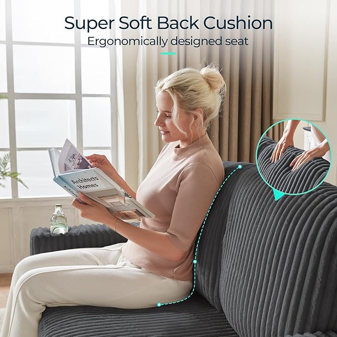LINSY HOME Loveseat Sofa with Pull Out Couch: 2-in-1 Convertible 2 Seater Sofa Chaise with USB Charging &amp Cup Holders Comfy Plush Corduroy Love Seat for Small Spaces Living Room Apartment Grey
