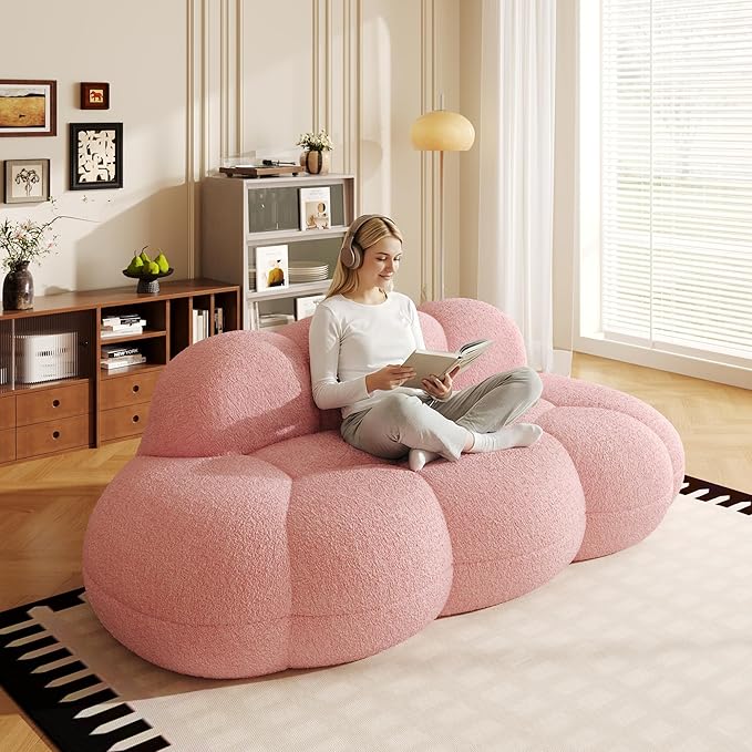 90 Curved Pink Boucle Couch Comfy Cloud Shaped Boneless Couches for Living Room Modern Deep Seat Loveseat Lazy Floor Sofa for Bedroom Apartment Small Space (No Assembly)
