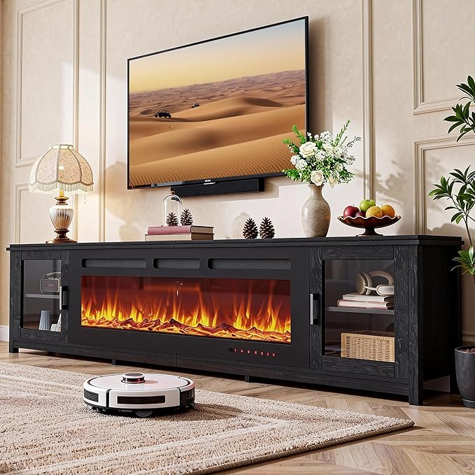 90 Fireplace TV Stand with WI-FI Enabled Modern 60 Smart Fireplace Entertainment Center Fire Place TV Console Adjustable 12-Color LED Lights for Living Room Black