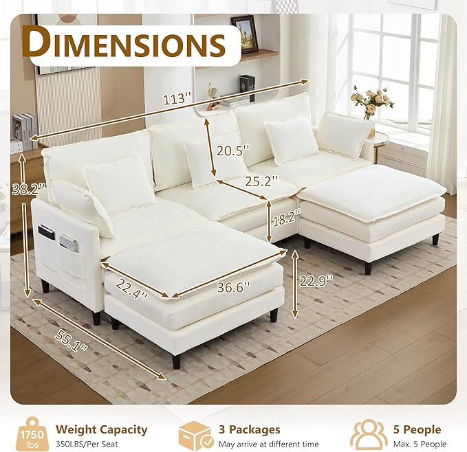 113 Chenille Modular Sectional Sofa Convertible L Shaped Modular Sofa Comfy Cloud Couch with Ottoman Side Pockets and 5 Throw Pillows for Living Room (White 113 - 5 Seats)