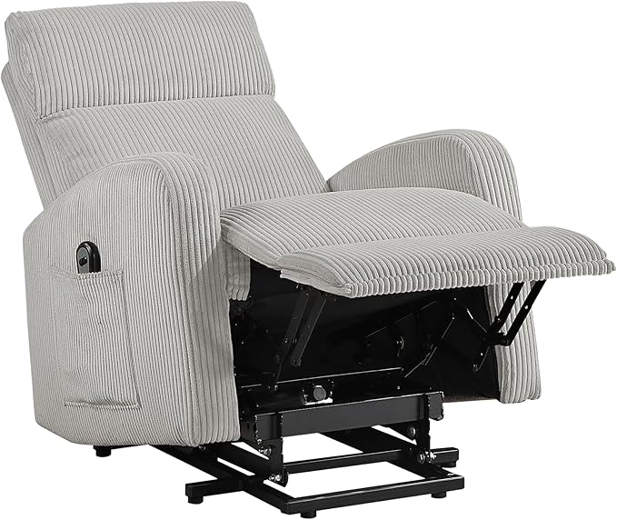 Lexicon Power Lift Recliner Chair for Elderly with Remote Control Gentle Lift Motion Side Pocket Armrest Corduroy Upholstered Electric Recliner for Living Room/Bedroom Easy Assembly Light Gray