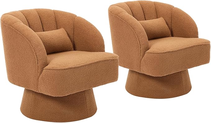 Swivel Barrel Chair - Teddy Bear Velvet Upholstered Modern Armchair with Striped Backrest &amp Plush Padding Round Lounge Chair for Living Room Bedroom Small Spaces Brown - (2 Pcs)