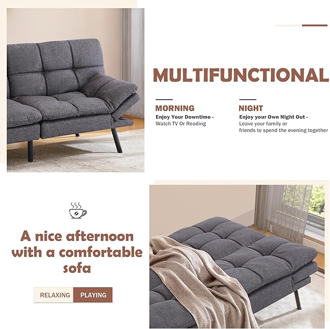 Hcore Futon Sofa Bed Memory Foam Sofa Bed 71 L x 31 W x 16 H Dark Grey