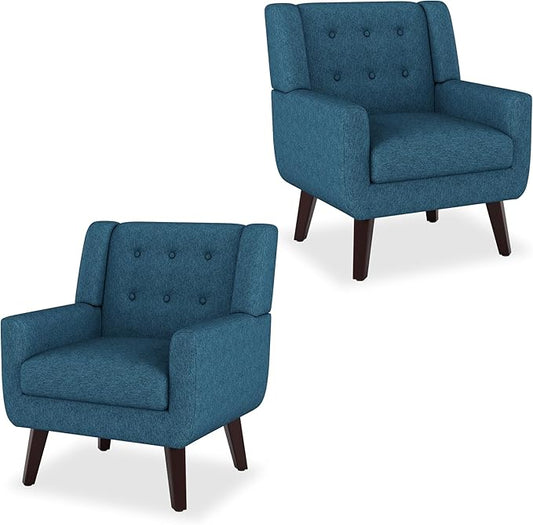 Accent Chairs Set of 2 Mid-Century Modern Upholstered Living Room Armchair Comfy Linen Fabric Single Reading Arm Chair with Tufted Back and Wood Legs for Bedroom Club (2 Dark Teal)