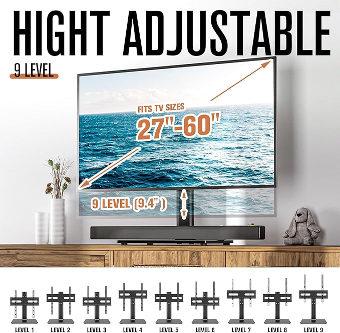 Universal Swivel TV Stand - Table Top TV Stand for 27-60 inch LCD LED TVs - Height Adjustable TV Base Stand with Tempered Glass Base &amp Wire Management VESA 400x400mm HT06B-002